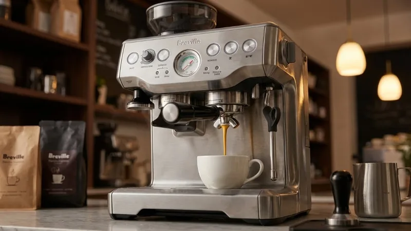 First espresso shot being pulled on Breville with golden crema