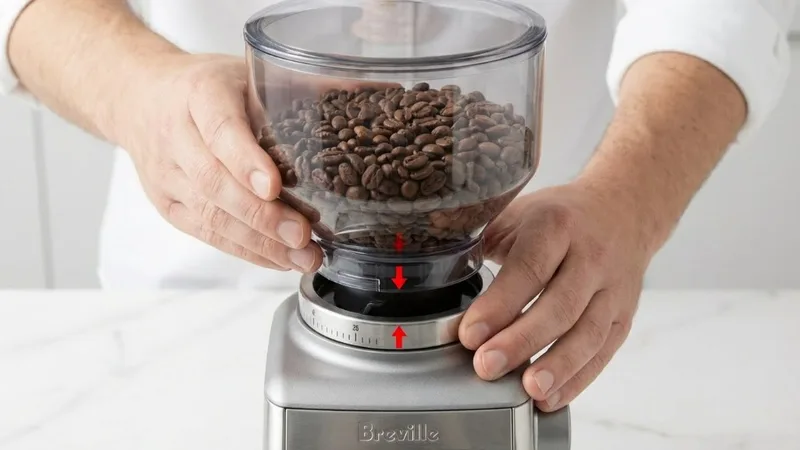 Hands installing bean hopper onto Breville grinder