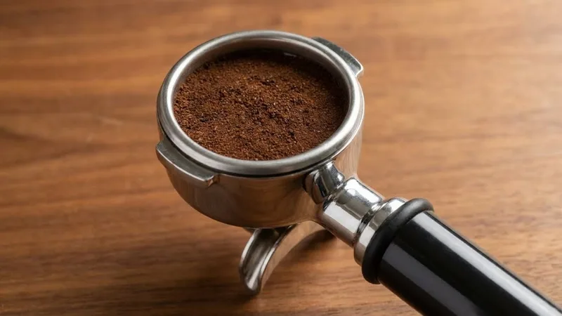 Close-up of 54mm stainless steel portafilter with filter basket inserted and filled with ground coffee