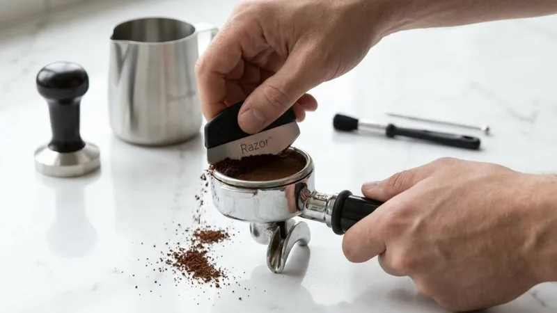 Breville razor dose trimming tool being used on portafilter, showing excess grounds being trimmed