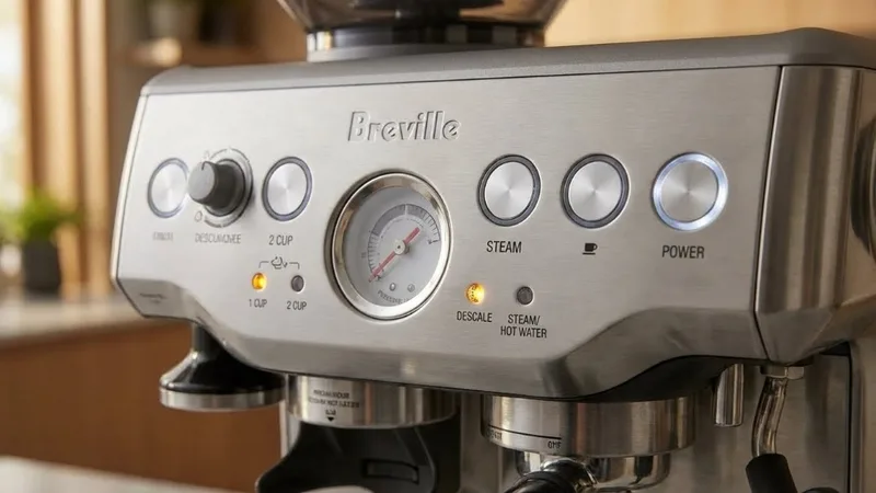 Breville control panel with descale light illuminated