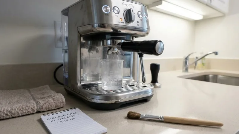 Breville machine running cleaning cycle with cloudy water discharging