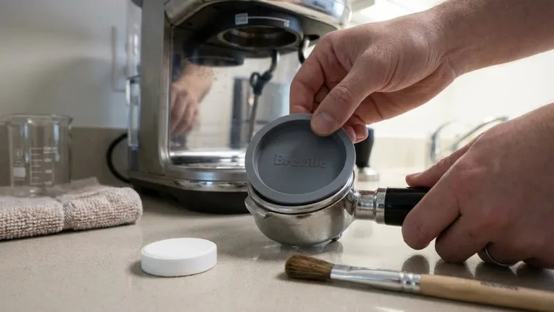 Hands inserting rubber cleaning disc into portafilter basket