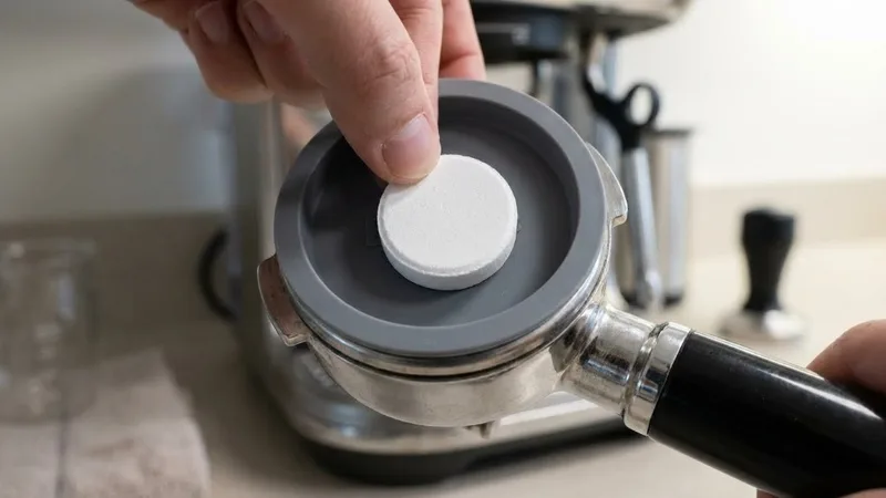 Cleaning tablet being placed on rubber disc