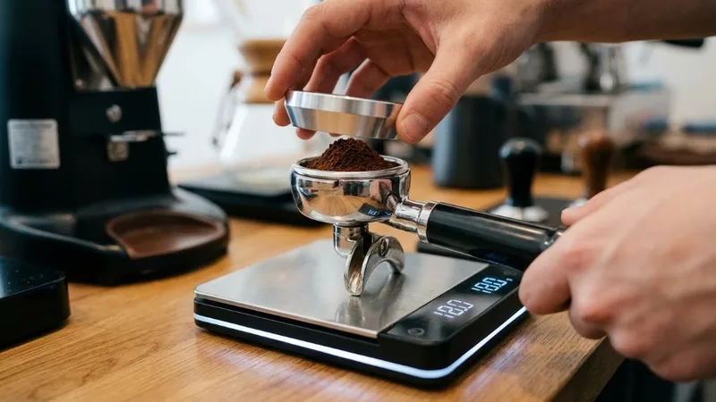 Portafilter on digital scale showing 18g coffee dose