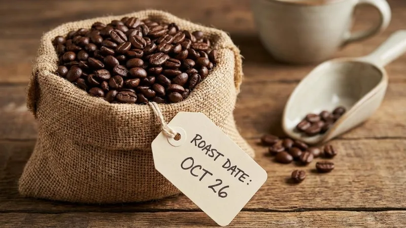Fresh roasted coffee beans in burlap bag with roast date tag
