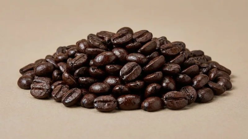 Dark roast coffee beans showing oily, dark brown surface on a neutral background