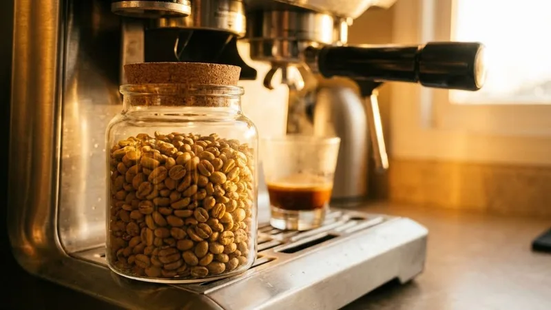 Light roast coffee beans in a glass jar next to a Breville espresso machine