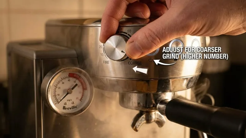 Fingers adjusting Breville grind dial to coarser setting with arrow indicator