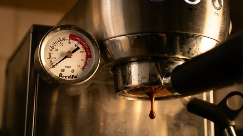 Espresso shot dripping slowly from portafilter with high pressure gauge reading