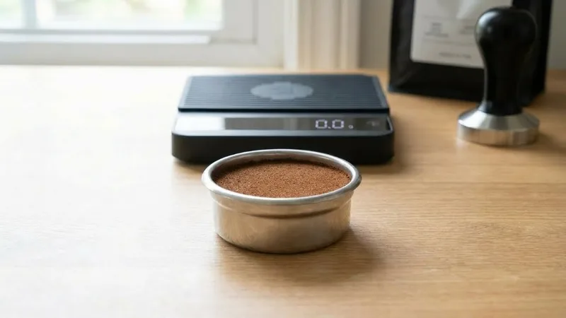 Perfectly dosed and tamped portafilter basket showing ideal fill level and headspace