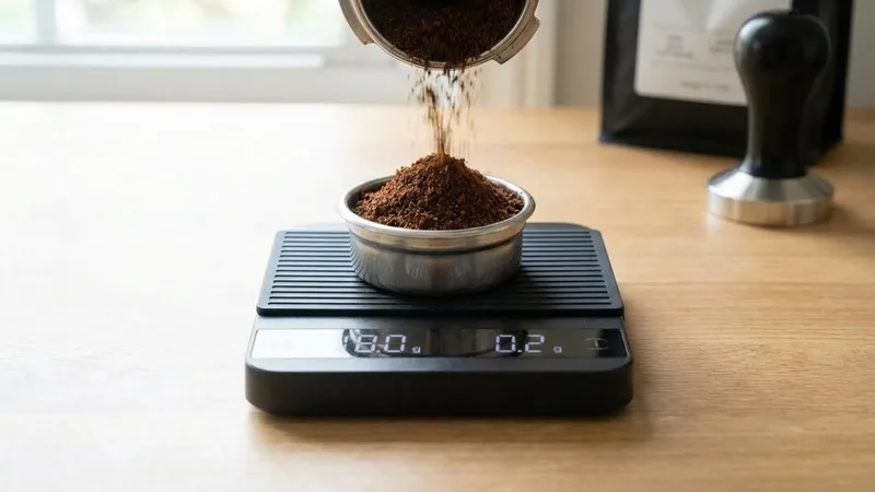 Detailed view of a digital scale showing exactly 18.0g with ground coffee in a portafilter basket