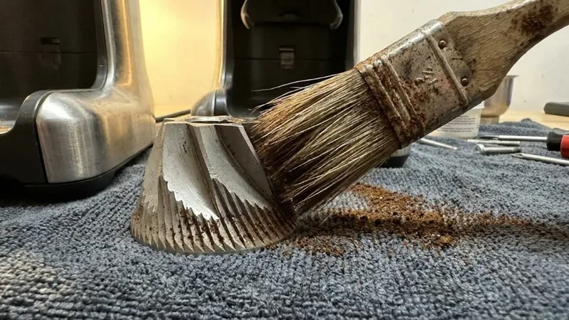 Cleaning brush sweeping coffee grounds from the teeth of the upper conical burr