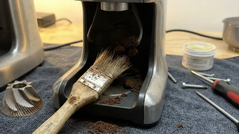 Cleaning brush inserted into the Breville grind chute to remove compacted grounds