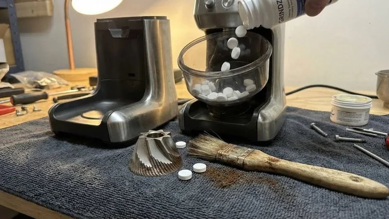 Pouring Grindz cleaning tablets into the Breville grinder hopper