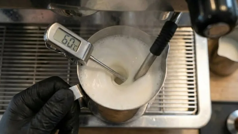Digital thermometer clipped to milk pitcher showing target temperature of 60 degrees Celsius