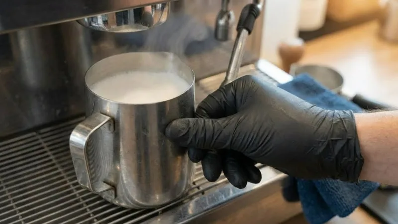 Hand touching the side of a milk pitcher to estimate temperature without a thermometer