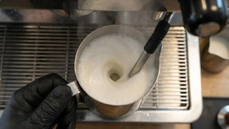 Overhead view of milk spinning in pitcher creating a whirlpool vortex