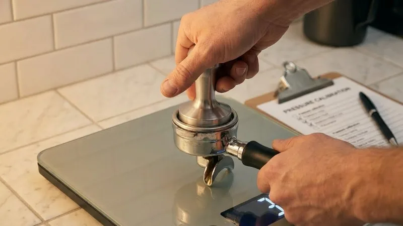 Close-up of a proper hand grip on an espresso tamper, showing thumb and fingers positioned correctly for maximum control and stability