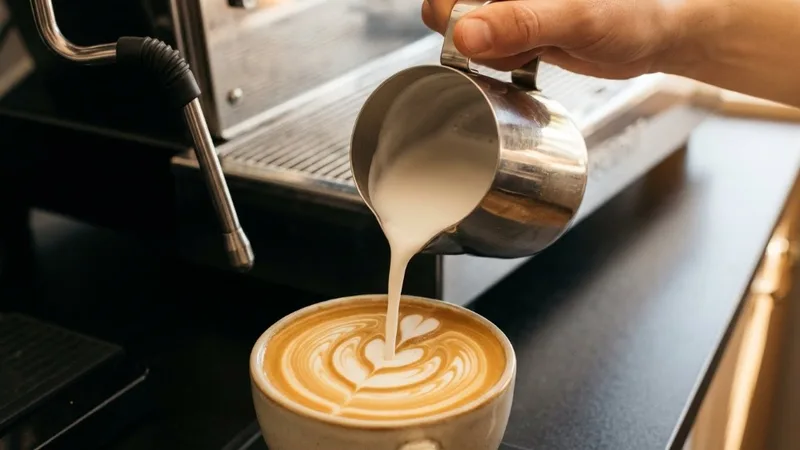 Action shot of perfect microfoam being poured into coffee like wet paint