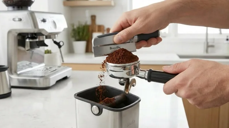 Overfilled portafilter with coffee grounds mounded above the rim, ready for trimming with the Breville razor tool