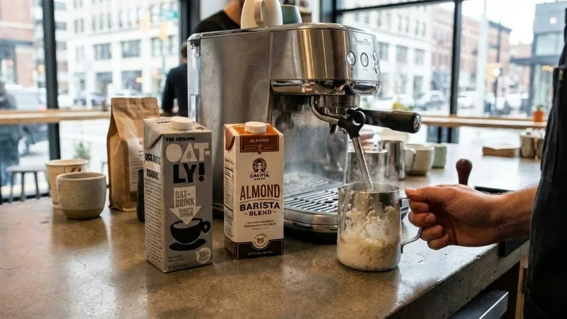 Almond milk in a pitcher showing its unique foaming behavior and challenging texture