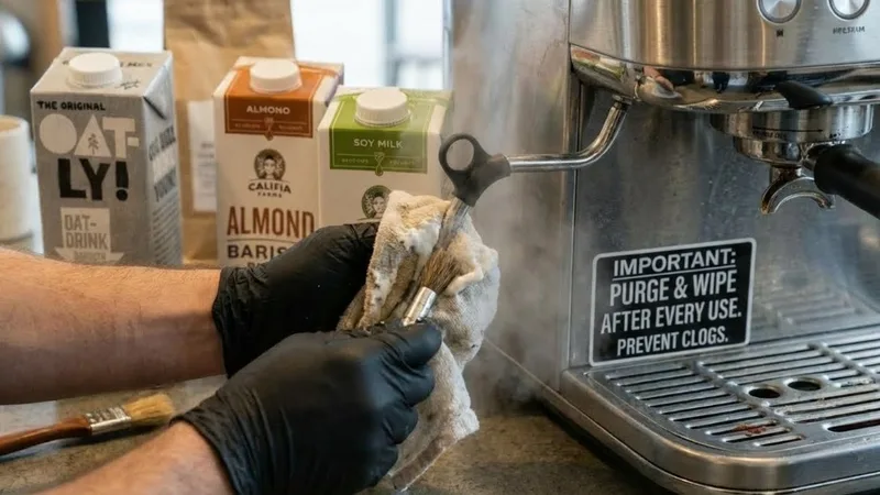 Steam wand being wiped and cleaned thoroughly with a cloth after steaming plant milk