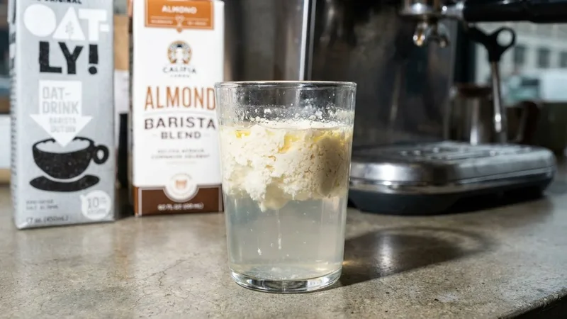 Example of almond milk separating and curdling in coffee due to high acidity or temperature