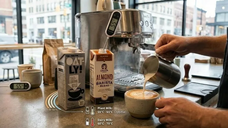 Milk pitcher with a thermometer showing 55 degrees Celsius, highlighting the lower target temperature for plant milks