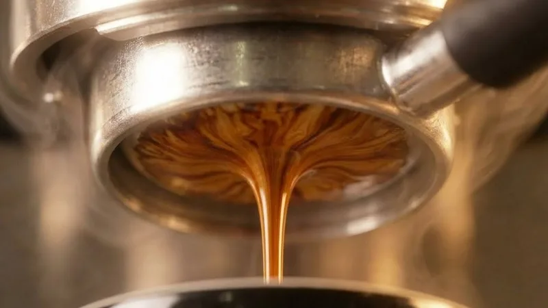Beautiful and uniform tiger-striped espresso flow from a bottomless portafilter after a successful pre-infusion phase