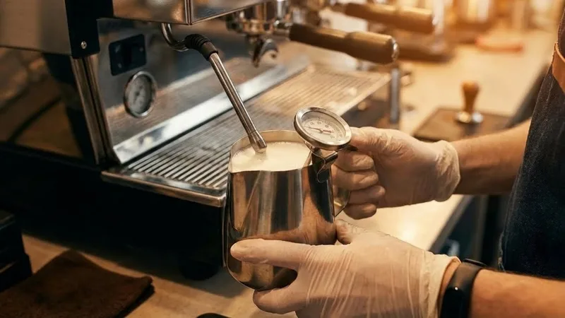 Barista gauging milk temperature by holding the bottom of the pitcher during the steaming process