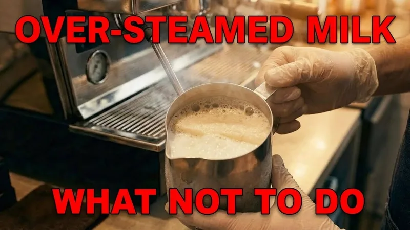 Warning: Over-steamed milk showing large bubbly surface and thin texture, labeled as What Not To Do for proper latte art
