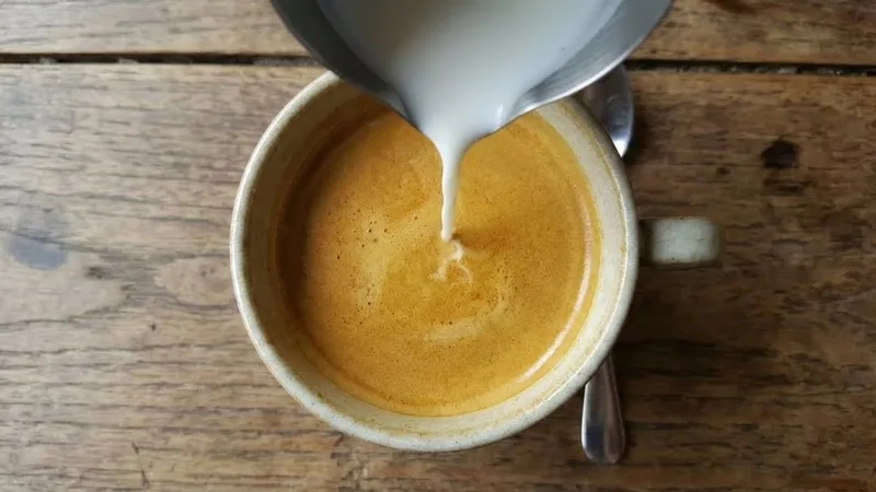 Barista pouring milk from a high position (4-5 inches) into the center of the cup, showing the milk sinking beneath the crema to build volume without marking the surface