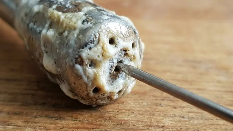 Close-up of the Breville cleaning tool pin being inserted into the steam wand holes to break up dried milk blockages