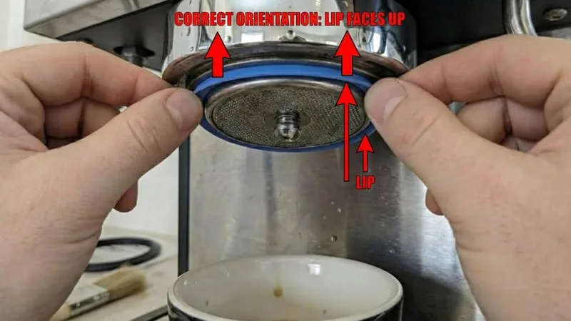 Detailed diagram showing the correct orientation of a blue silicone gasket, with arrows indicating that the lip side should face upward into the group head groove