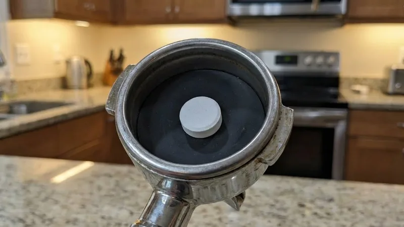 Breville rubber backflush disc with white cleaning tablet placed on top, ready for the weekly backflush cleaning cycle