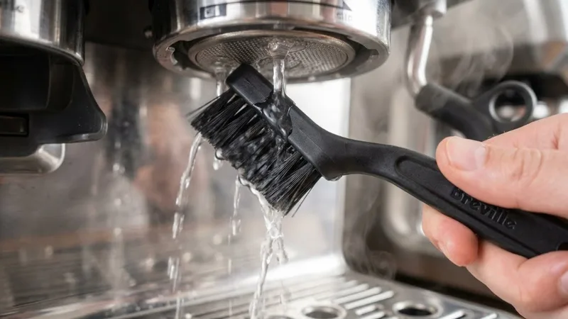 Breville group head brush with black handle scrubbing the shower screen while water runs, demonstrating proper daily cleaning technique