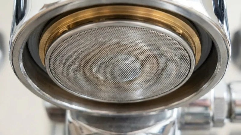 Freshly cleaned and reinstalled shower screen viewed from below, showing sparkling stainless steel surface with all perforations clearly visible and unobstructed