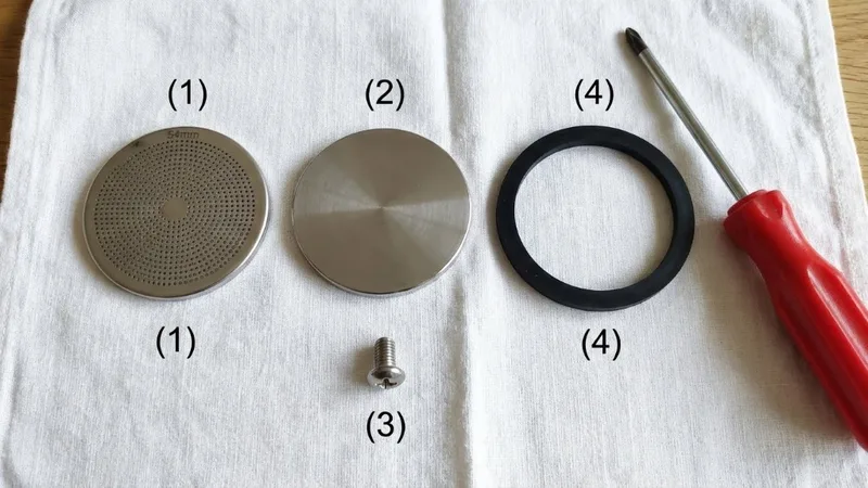 Disassembled Breville group head components laid out on white cloth: (1) perforated shower screen, (2) solid dispersion plate, (3) center screw, and (4) black silicone gasket ring, with screwdriver nearby