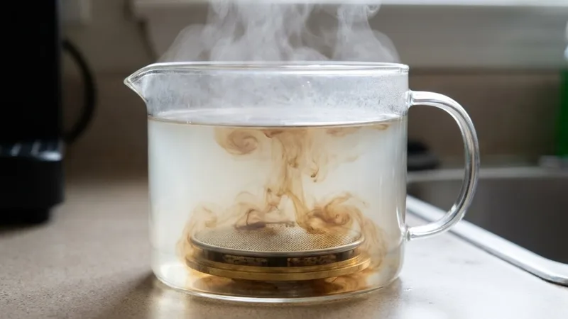Shower screen and dispersion plate submerged in hot cleaning solution inside a glass container, with brown coffee residue visibly dissolving and steam rising