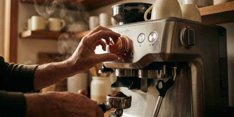 Hands crafting espresso on a Breville machine