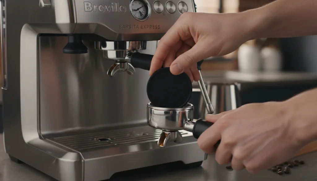 Inserting rubber cleaning disc into portafilter