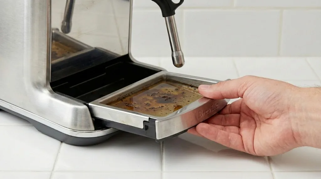 Murky standing water in a Breville espresso machine drip tray