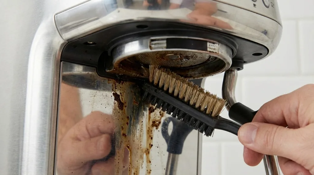 Scrubbing the grouphead cavity after removing the shower screen