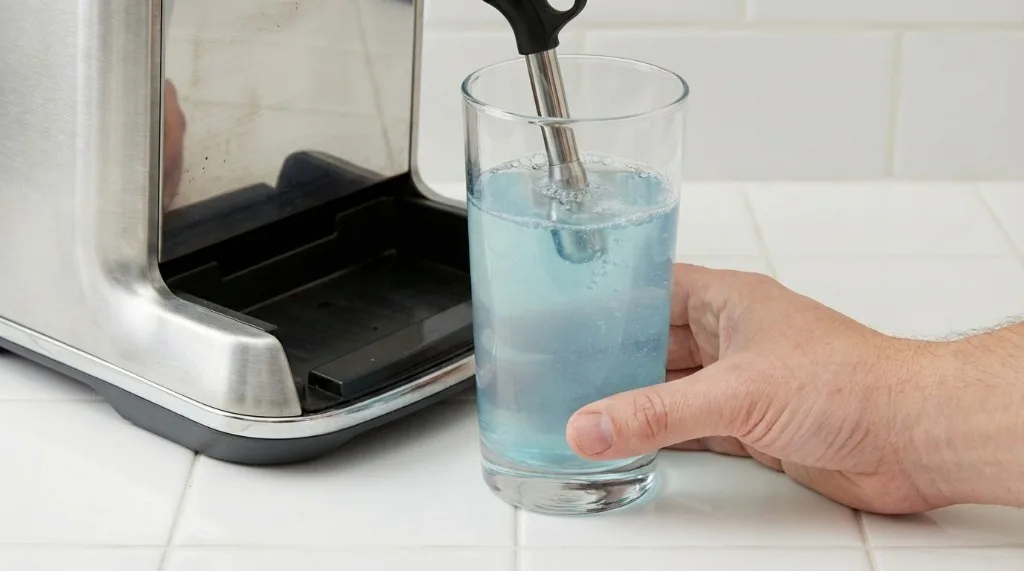 Soaking a steam wand tip in a glass of cleaning solution