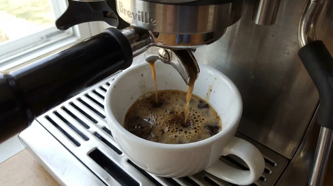 Dark brown murky cleaning water draining from a Breville portafilter showing dissolved coffee oils