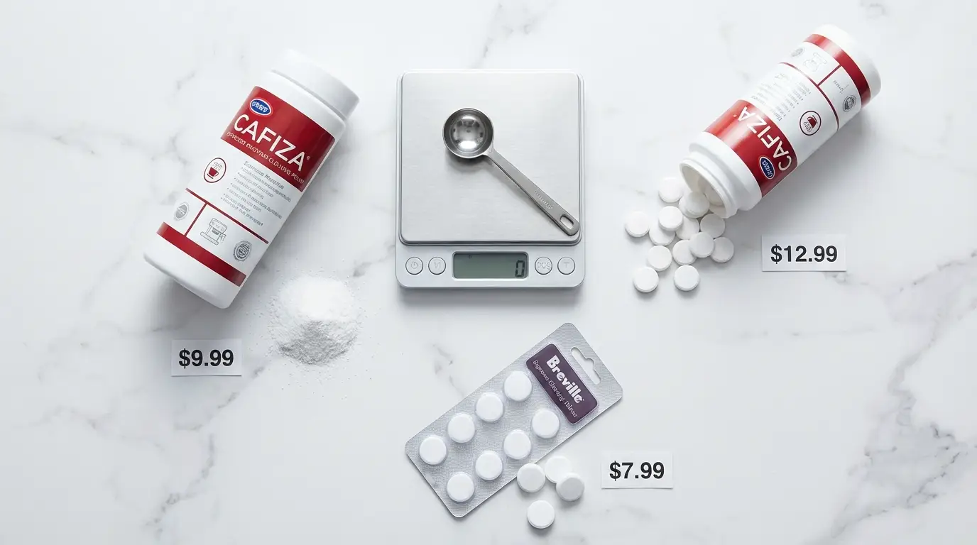 Cafiza tablets, Cafiza powder, Breville tablets and generic cleaning tablets arranged on dark marble surface