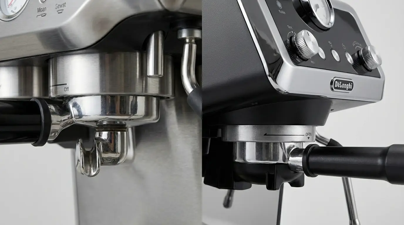 Close-up build quality comparison: Breville metal portafilter and group head vs DeLonghi control panel