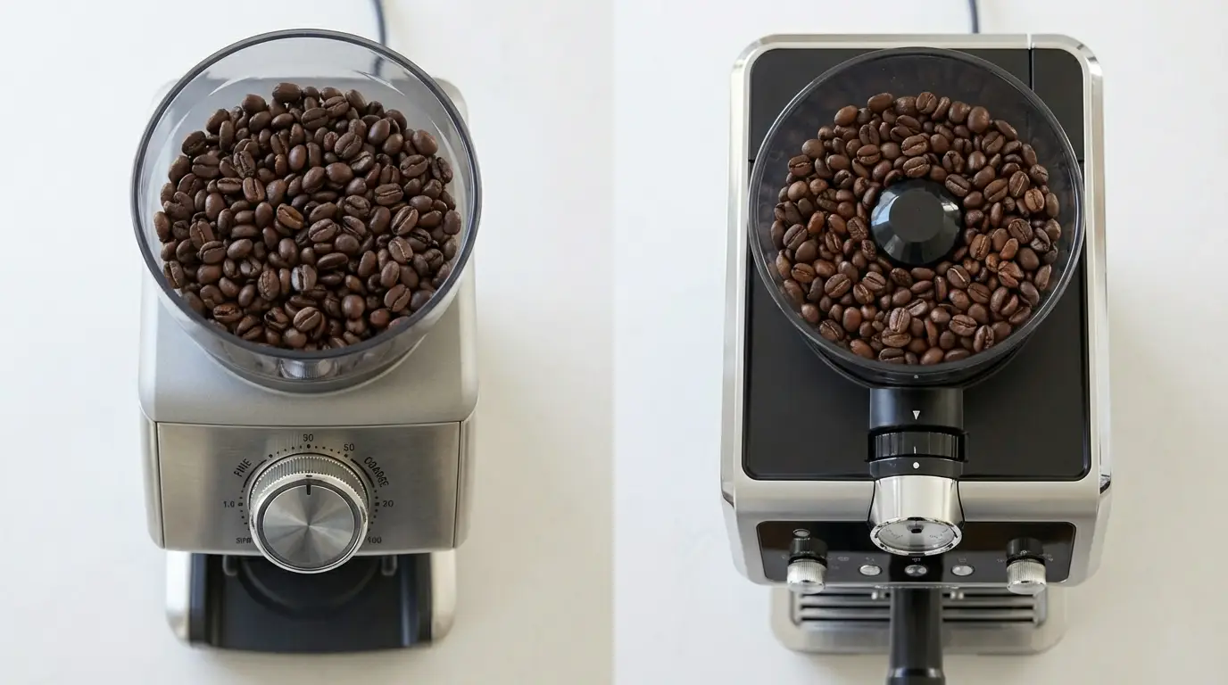 Top-down split photo of Breville grinder hopper with adjustment dial vs DeLonghi grinder section