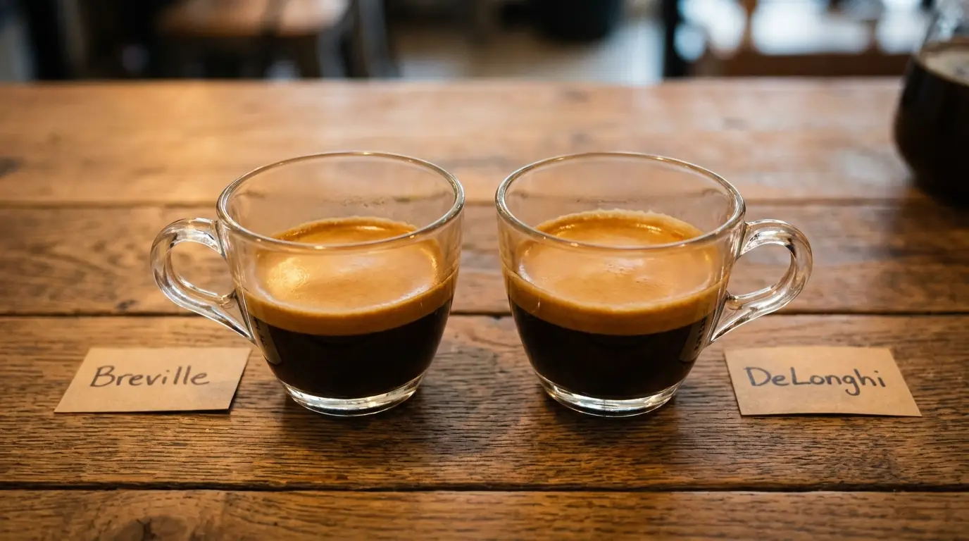 Two espresso shots in clear glass cups side by side comparing Breville and DeLonghi extraction results